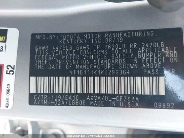 Photo 8 VIN: 4T1B11HK1KU296364 - TOYOTA CAMRY 