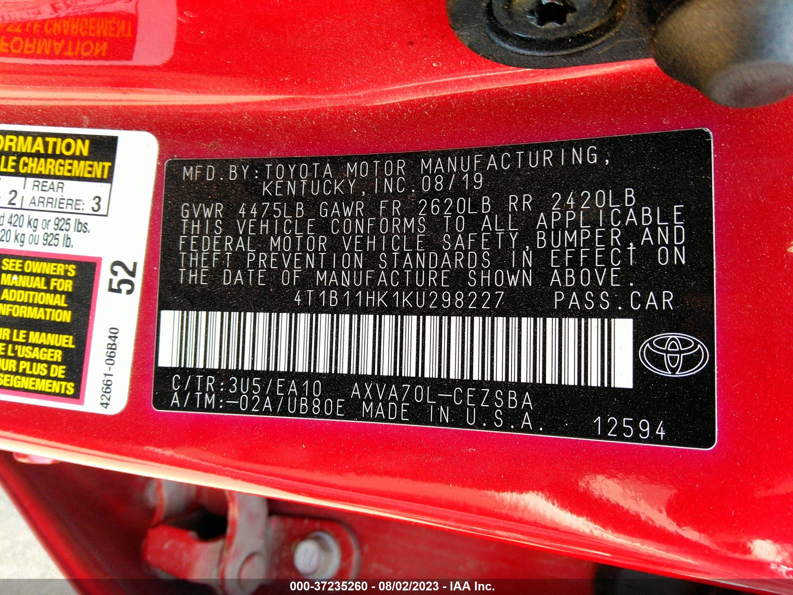 Photo 8 VIN: 4T1B11HK1KU298227 - TOYOTA CAMRY 