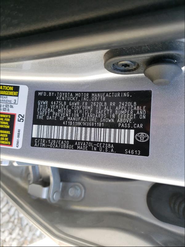 Photo 9 VIN: 4T1B11HK1KU681181 - TOYOTA CAMRY L 