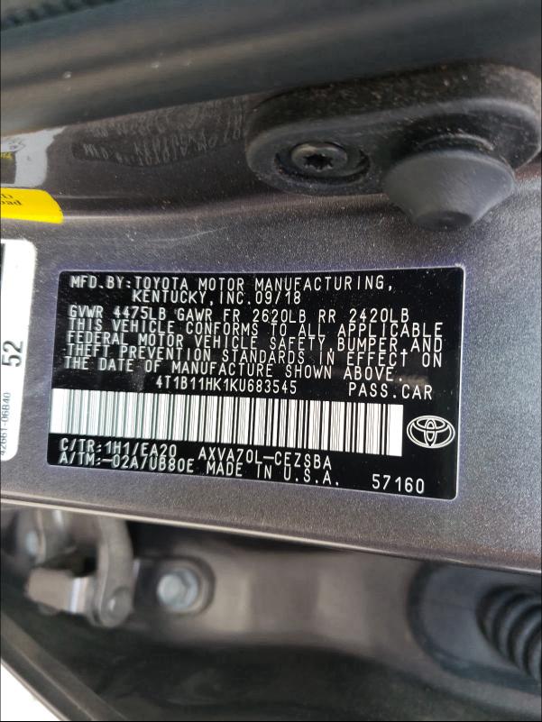 Photo 9 VIN: 4T1B11HK1KU683545 - TOYOTA CAMRY L 