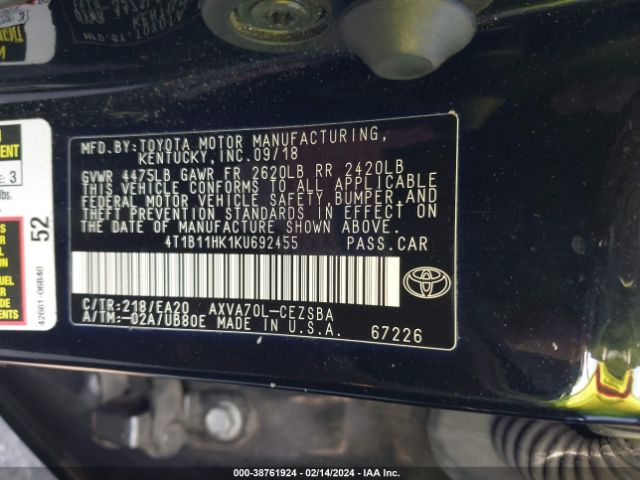 Photo 8 VIN: 4T1B11HK1KU692455 - TOYOTA CAMRY 