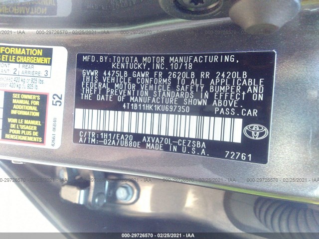 Photo 8 VIN: 4T1B11HK1KU697350 - TOYOTA CAMRY 