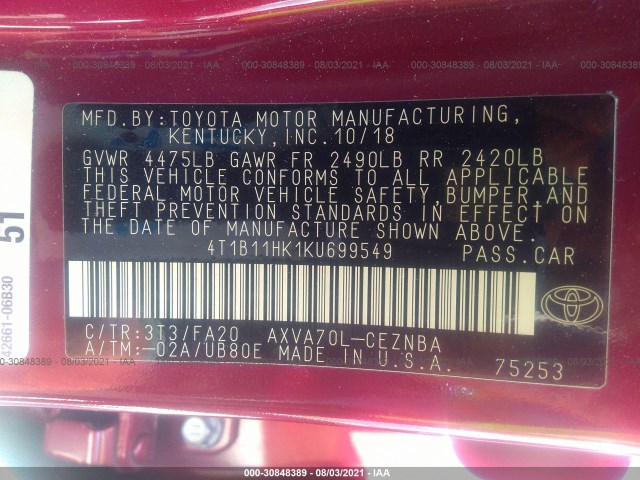 Photo 8 VIN: 4T1B11HK1KU699549 - TOYOTA CAMRY 