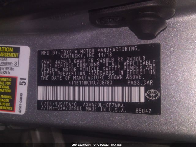 Photo 8 VIN: 4T1B11HK1KU708783 - TOYOTA CAMRY 