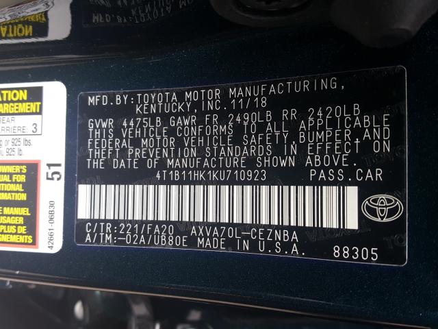 Photo 9 VIN: 4T1B11HK1KU710923 - TOYOTA CAMRY L 