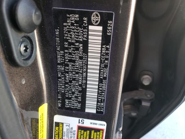 Photo 9 VIN: 4T1B11HK1KU725227 - TOYOTA CAMRY L 