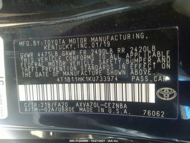 Photo 8 VIN: 4T1B11HK1KU733974 - TOYOTA CAMRY 