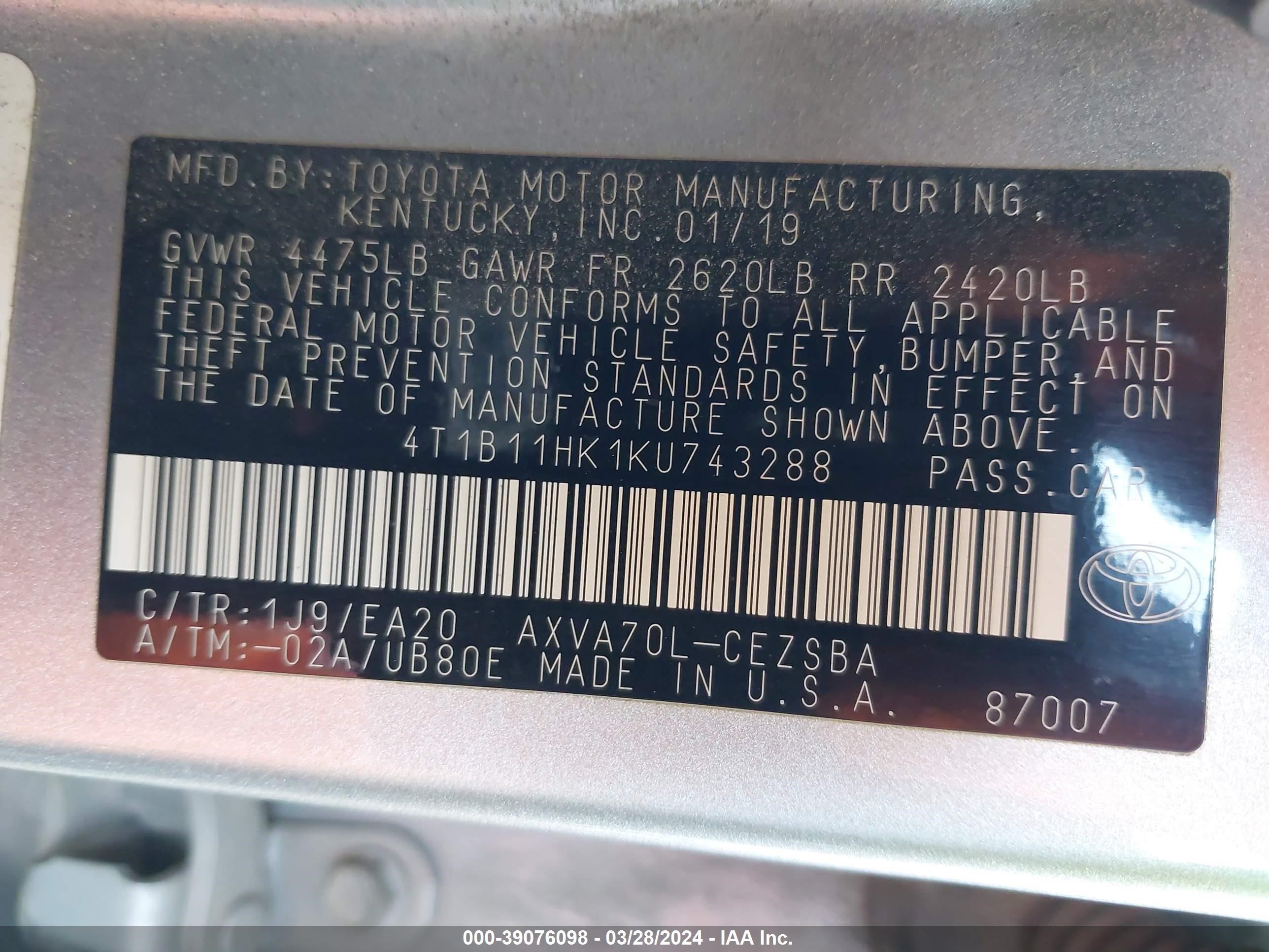 Photo 8 VIN: 4T1B11HK1KU743288 - TOYOTA CAMRY 