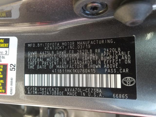 Photo 9 VIN: 4T1B11HK1KU760415 - TOYOTA CAMRY L 