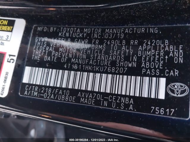 Photo 8 VIN: 4T1B11HK1KU768207 - TOYOTA CAMRY 