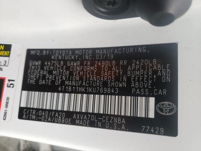 Photo 9 VIN: 4T1B11HK1KU769843 - TOYOTA CAMRY L 