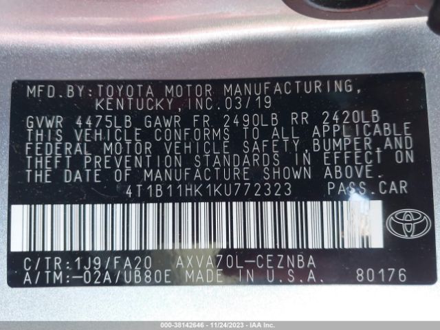 Photo 8 VIN: 4T1B11HK1KU772323 - TOYOTA CAMRY 