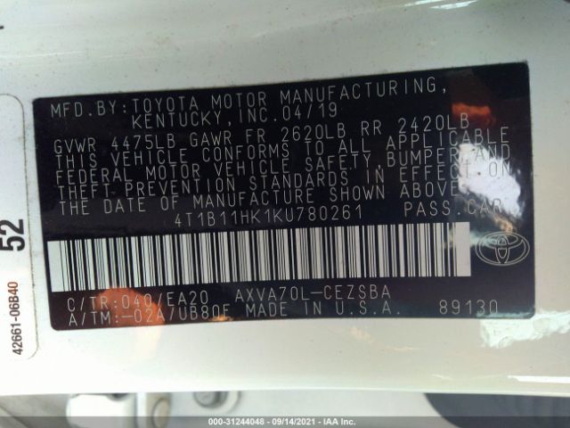 Photo 8 VIN: 4T1B11HK1KU780261 - TOYOTA CAMRY 