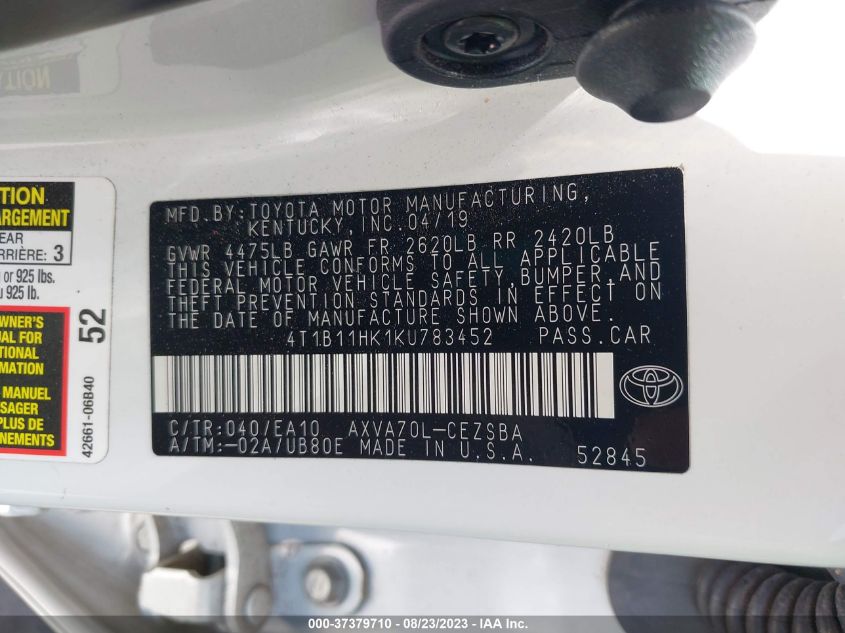 Photo 8 VIN: 4T1B11HK1KU783452 - TOYOTA CAMRY 