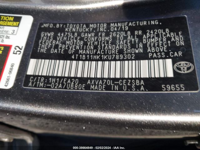 Photo 8 VIN: 4T1B11HK1KU789302 - TOYOTA CAMRY 