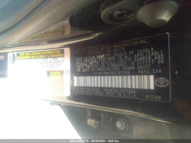 Photo 8 VIN: 4T1B11HK1KU791146 - TOYOTA CAMRY 