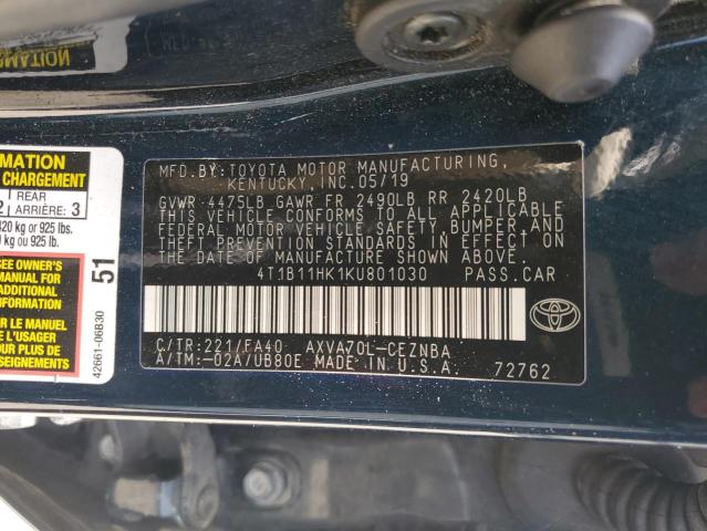 Photo 12 VIN: 4T1B11HK1KU801030 - TOYOTA CAMRY L 