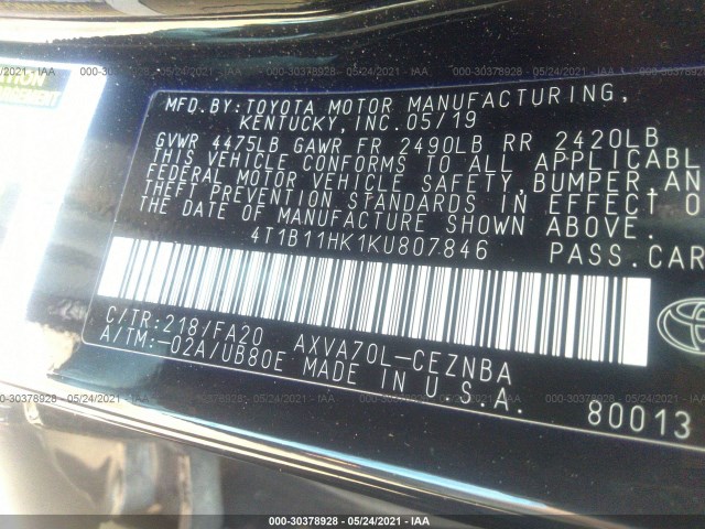 Photo 8 VIN: 4T1B11HK1KU807846 - TOYOTA CAMRY 