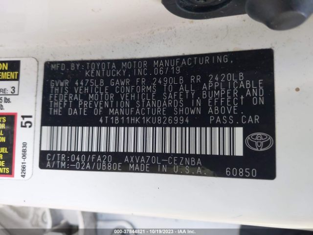 Photo 8 VIN: 4T1B11HK1KU826994 - TOYOTA CAMRY 