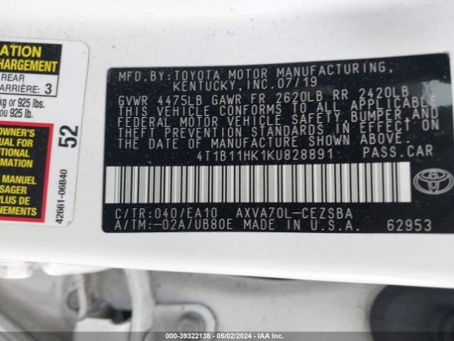 Photo 8 VIN: 4T1B11HK1KU828891 - TOYOTA CAMRY 