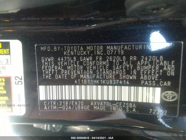 Photo 8 VIN: 4T1B11HK1KU837414 - TOYOTA CAMRY 