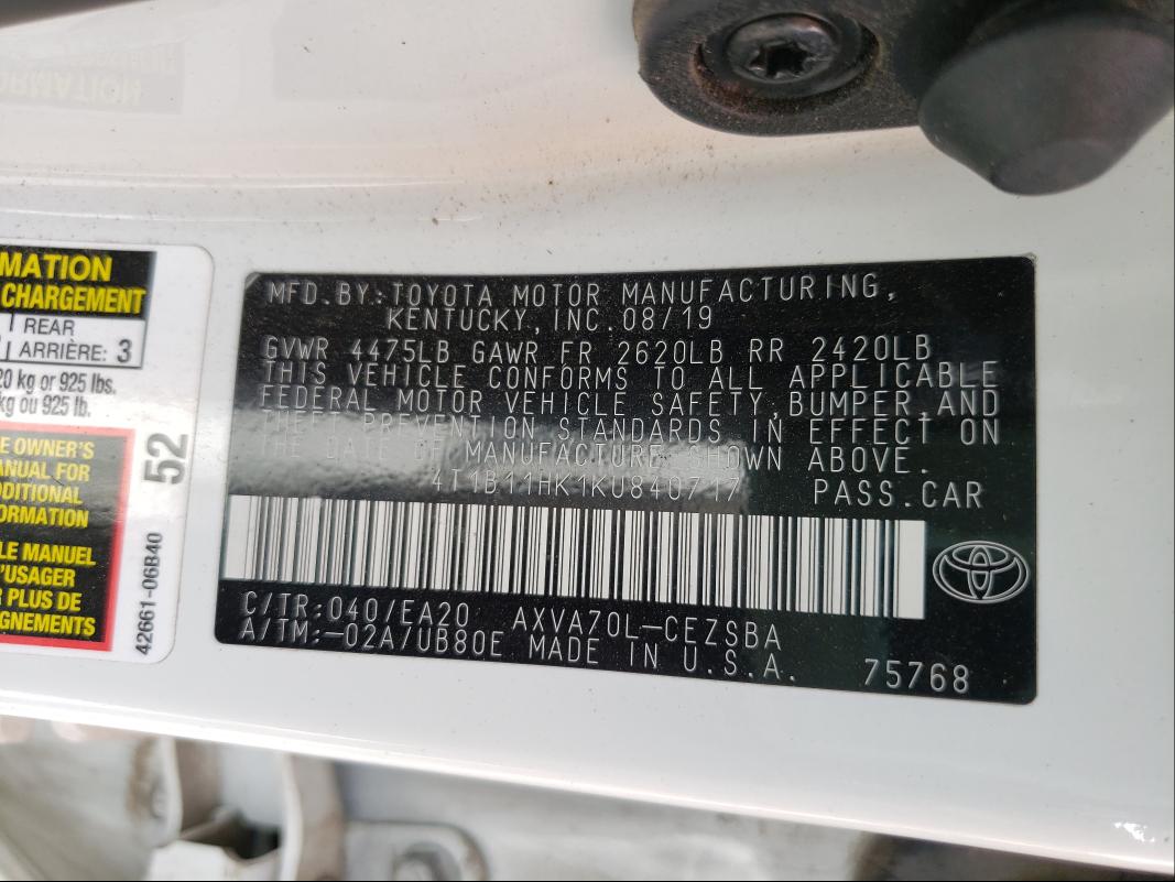 Photo 9 VIN: 4T1B11HK1KU840717 - TOYOTA CAMRY L 