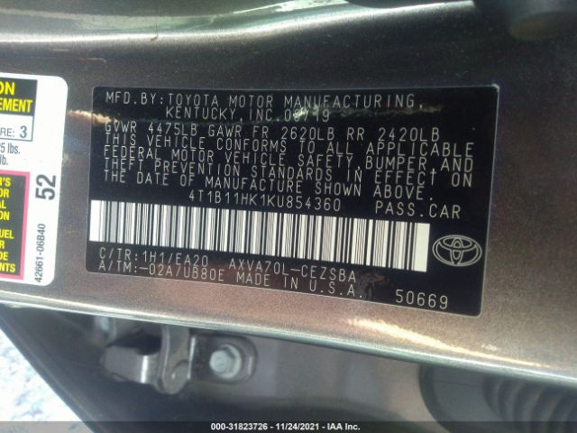 Photo 8 VIN: 4T1B11HK1KU854360 - TOYOTA CAMRY 