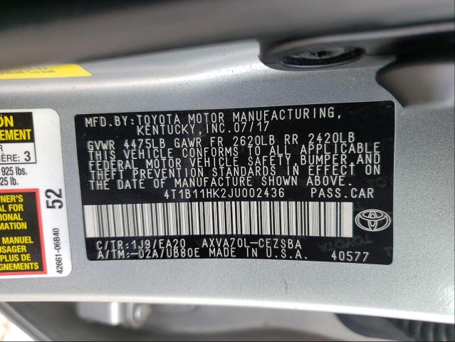 Photo 9 VIN: 4T1B11HK2JU002436 - TOYOTA CAMRY L 