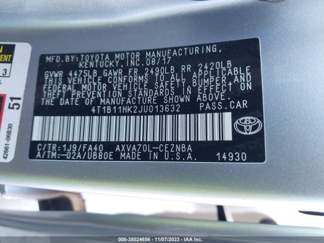 Photo 8 VIN: 4T1B11HK2JU013632 - TOYOTA CAMRY 