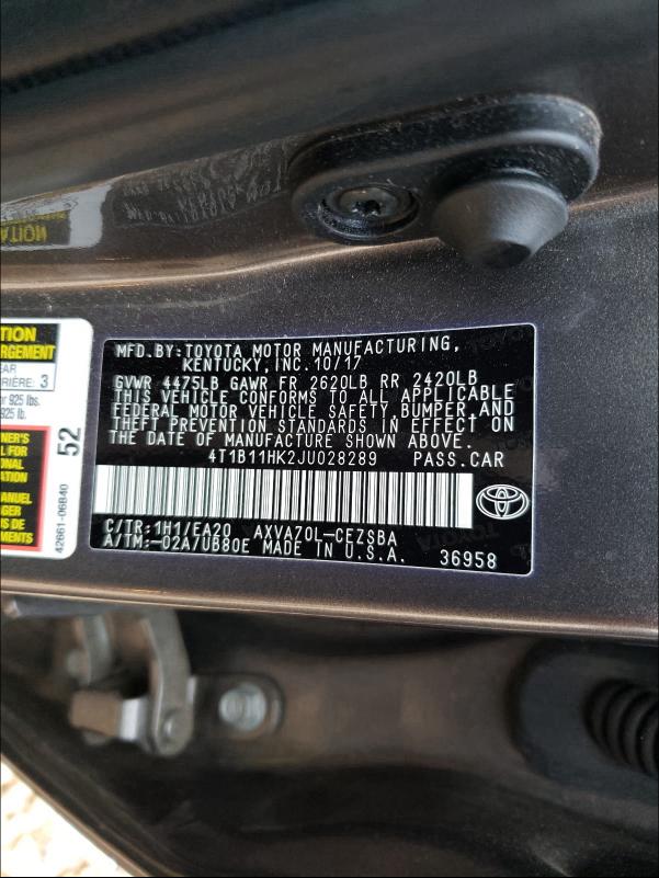 Photo 9 VIN: 4T1B11HK2JU028289 - TOYOTA CAMRY L 