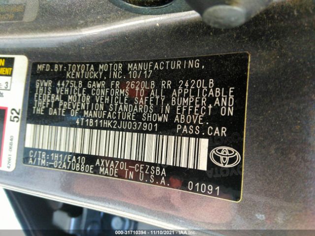 Photo 8 VIN: 4T1B11HK2JU037901 - TOYOTA CAMRY 