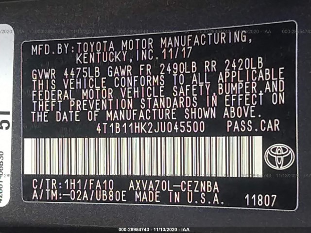 Photo 8 VIN: 4T1B11HK2JU045500 - TOYOTA CAMRY 