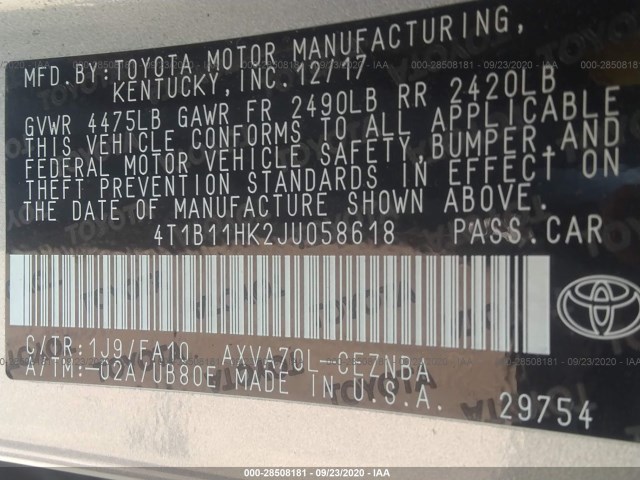 Photo 8 VIN: 4T1B11HK2JU058618 - TOYOTA CAMRY 