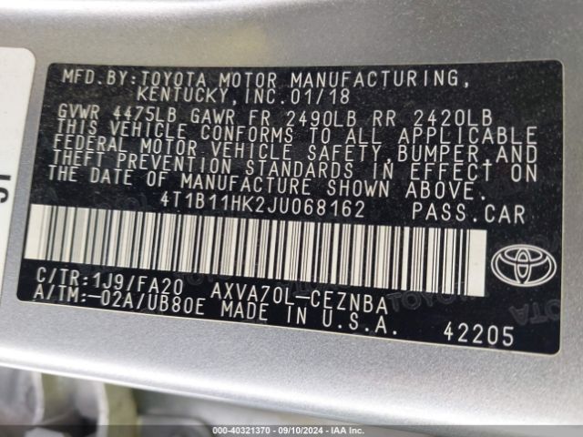 Photo 8 VIN: 4T1B11HK2JU068162 - TOYOTA CAMRY 