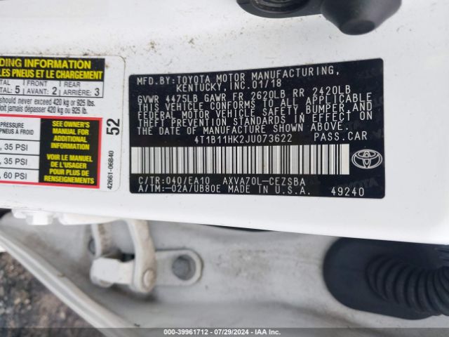 Photo 8 VIN: 4T1B11HK2JU073622 - TOYOTA CAMRY 