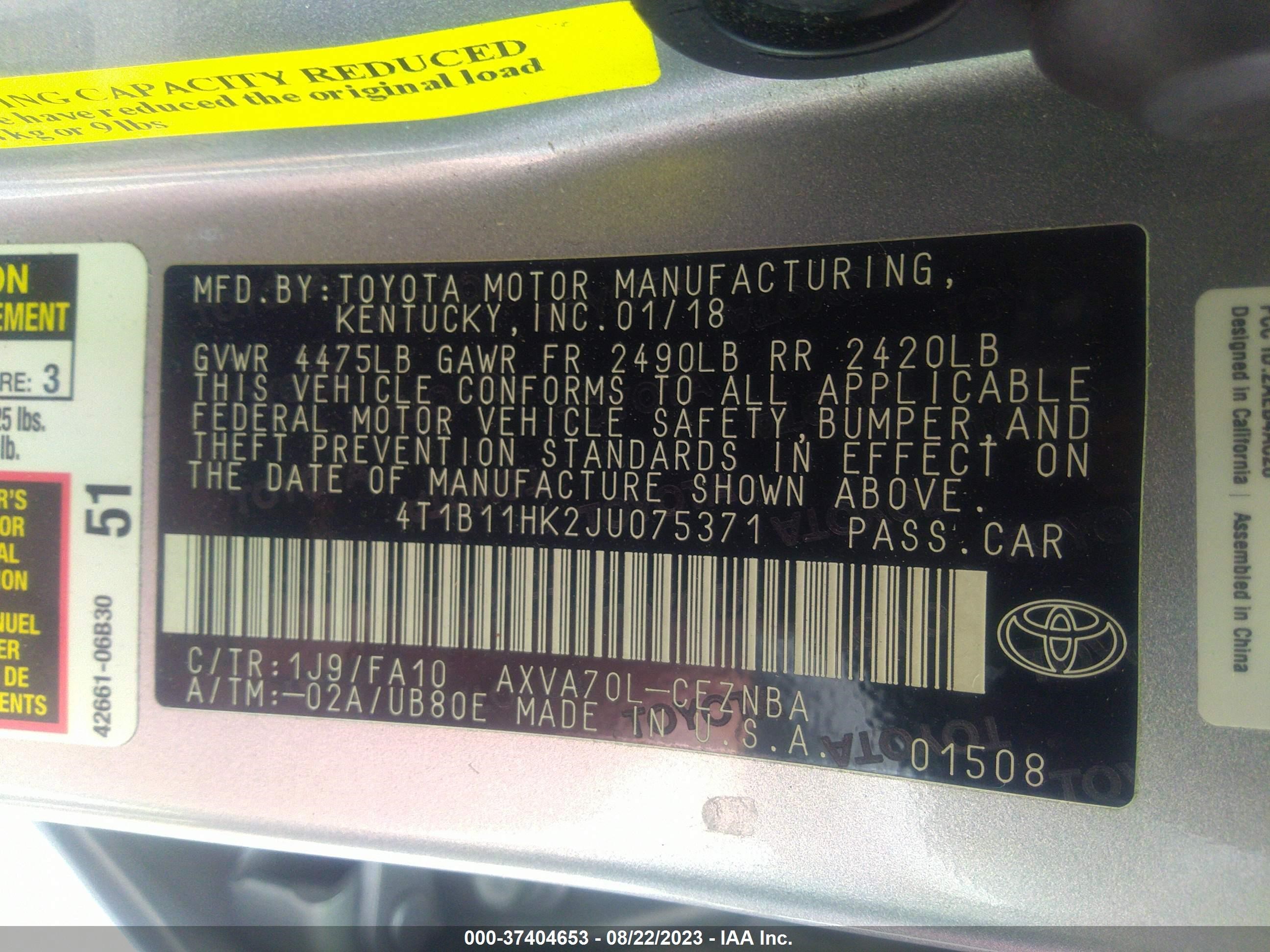 Photo 8 VIN: 4T1B11HK2JU075371 - TOYOTA CAMRY 