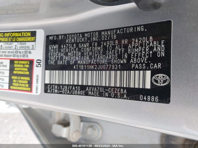 Photo 8 VIN: 4T1B11HK2JU077931 - TOYOTA CAMRY 