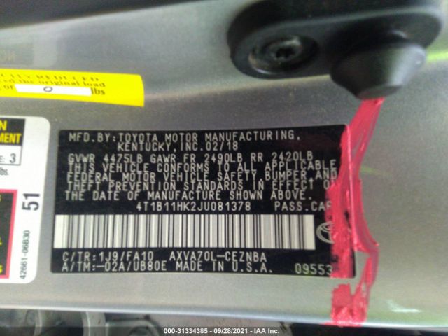 Photo 8 VIN: 4T1B11HK2JU081378 - TOYOTA CAMRY 