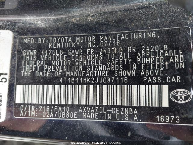 Photo 8 VIN: 4T1B11HK2JU087116 - TOYOTA CAMRY 