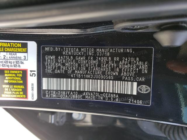 Photo 9 VIN: 4T1B11HK2JU090565 - TOYOTA CAMRY L 