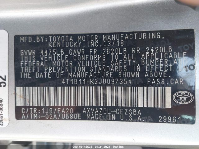 Photo 8 VIN: 4T1B11HK2JU097354 - TOYOTA CAMRY 