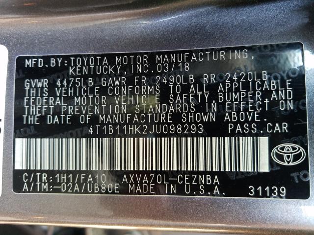 Photo 9 VIN: 4T1B11HK2JU098293 - TOYOTA CAMRY L 