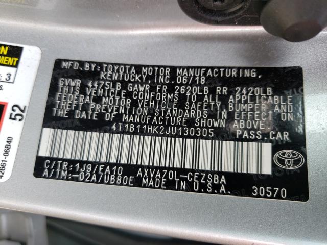 Photo 9 VIN: 4T1B11HK2JU130305 - TOYOTA CAMRY L 