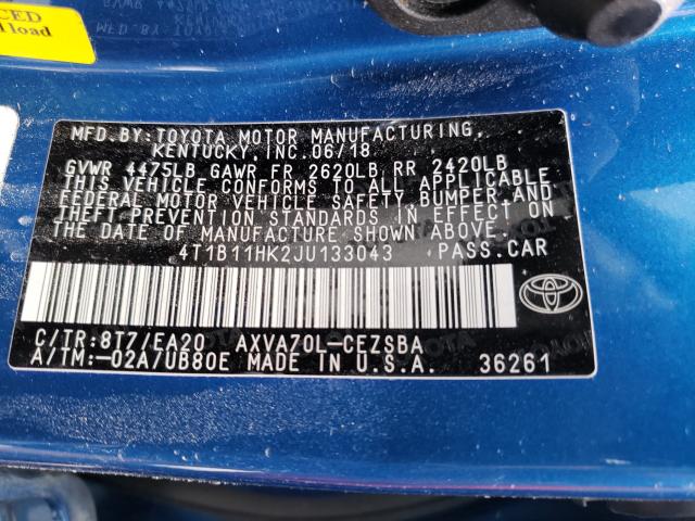 Photo 9 VIN: 4T1B11HK2JU133043 - TOYOTA CAMRY L 