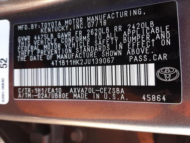 Photo 9 VIN: 4T1B11HK2JU139067 - TOYOTA CAMRY L 