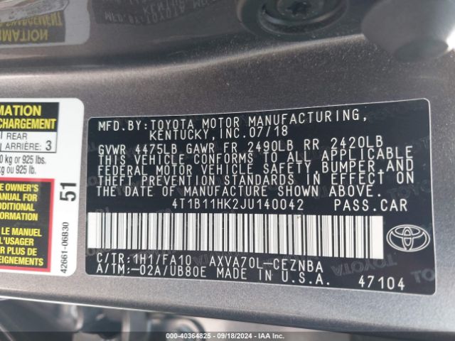 Photo 8 VIN: 4T1B11HK2JU140042 - TOYOTA CAMRY 