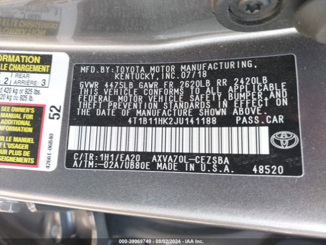 Photo 8 VIN: 4T1B11HK2JU141188 - TOYOTA CAMRY 