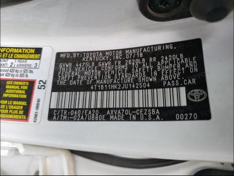 Photo 9 VIN: 4T1B11HK2JU142504 - TOYOTA CAMRY L 