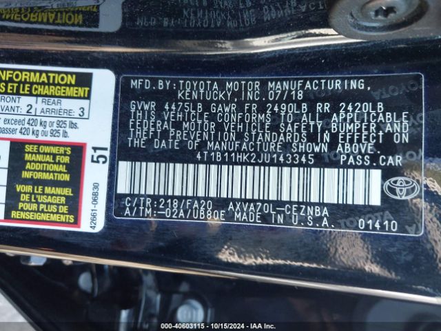 Photo 8 VIN: 4T1B11HK2JU143345 - TOYOTA CAMRY 