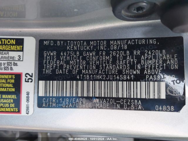 Photo 8 VIN: 4T1B11HK2JU145841 - TOYOTA CAMRY 